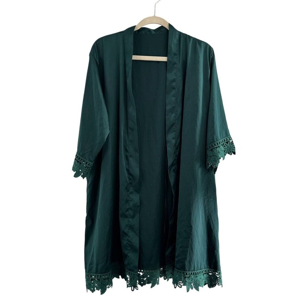 Emerald Green Kimono Cardigan Robe Lace Trim Open‎ Front Lightweight One Size